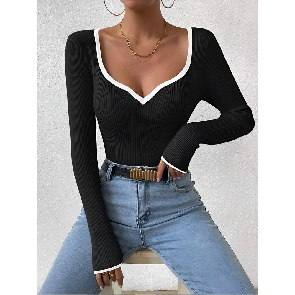 COMMENSE Black Contrast Trim Sweetheart Neck Long Sleeve Knit Top Size XS